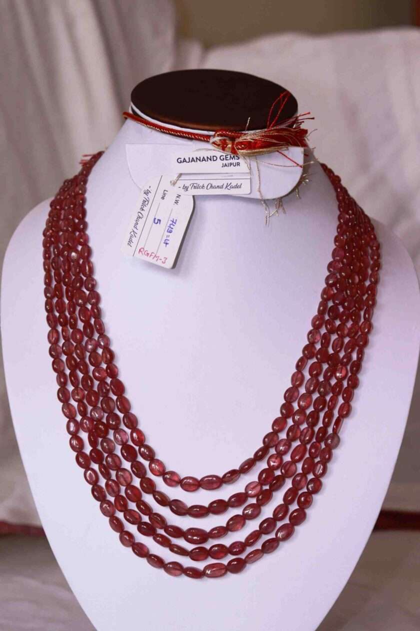 An image of 5 line GF Ruby Necklace (Ruby Oval Beads) or Manik Maniya