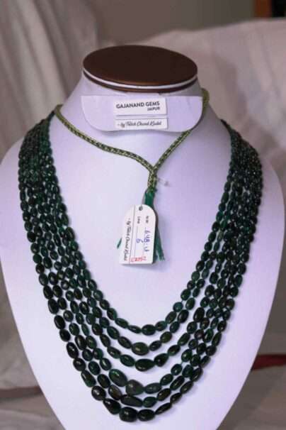 An image of 6 strings Emerald Gemstone Necklace (Oval Beads of Zambian Emeralds) or Zambian Panna Maniya Mala