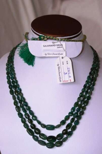 An image of 3 string emerald gemstone necklace (Zambian Panna Maniya mala) emerald oval beads