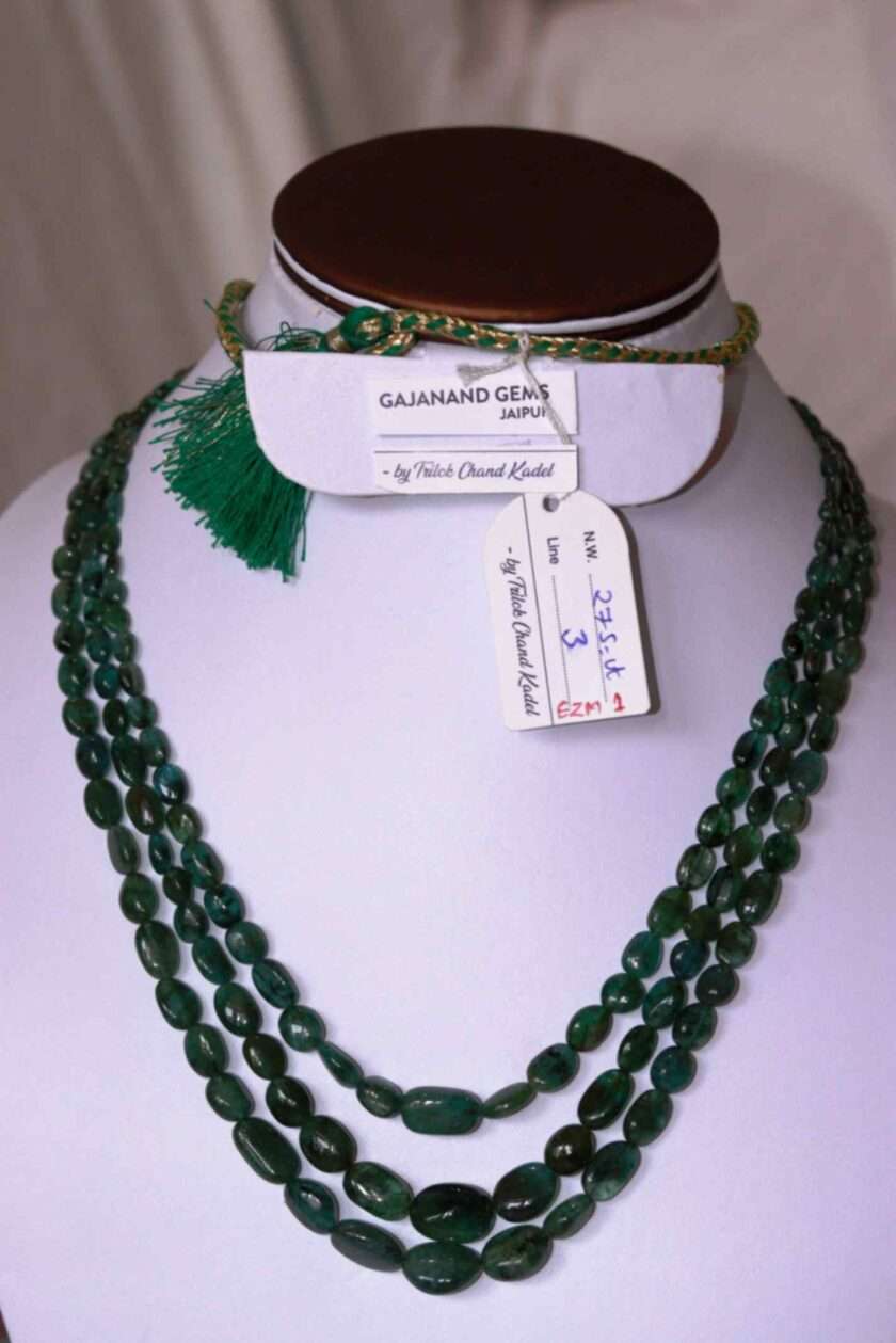 An image of 3 string emerald gemstone necklace (Zambian Panna Maniya mala) emerald oval beads