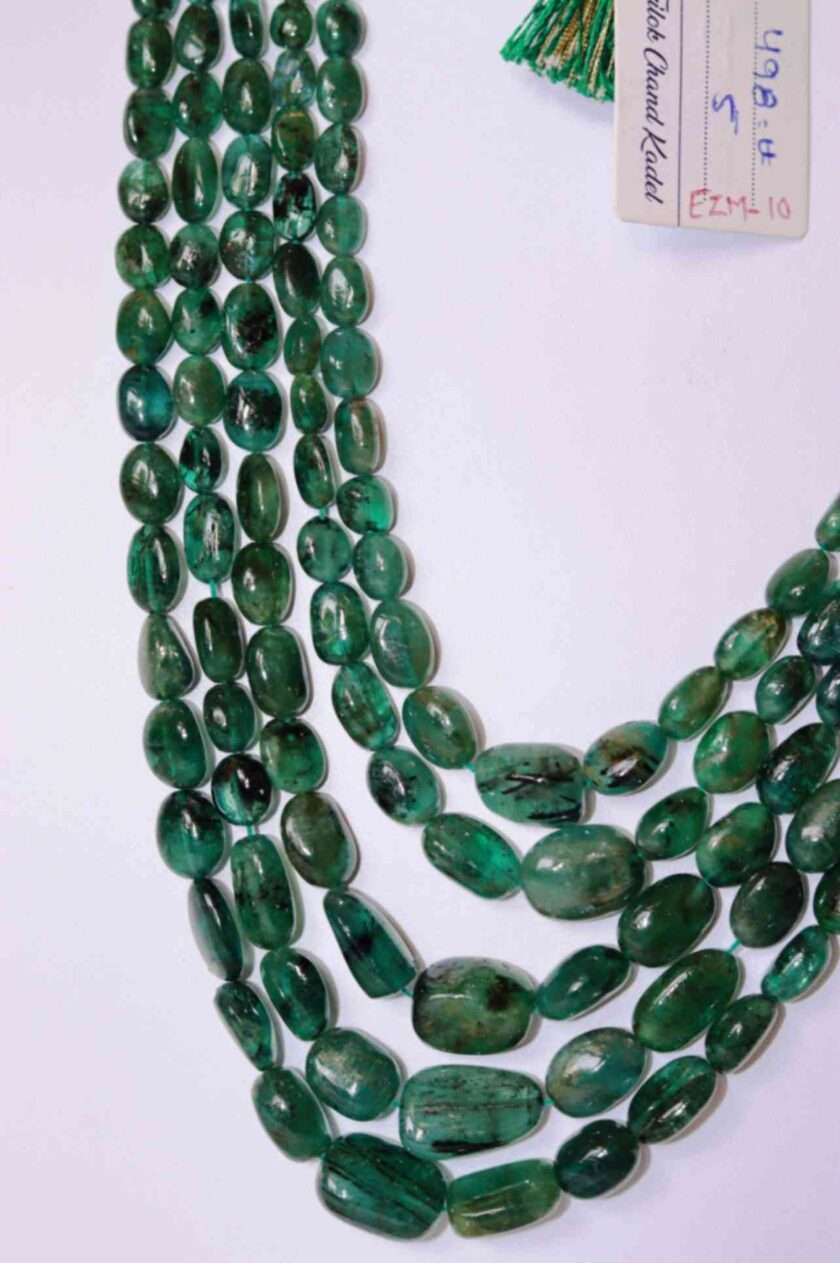 An image of 5 line Zambian Emerald Gemstone Necklace (Oval Beads) or Zambian Panna Maniya Mala