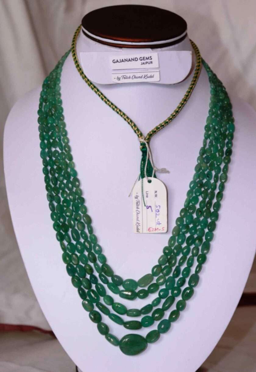 An image of 5 string emerald gemstone necklace (Zambian Panna Maniya mala) emerald oval beads