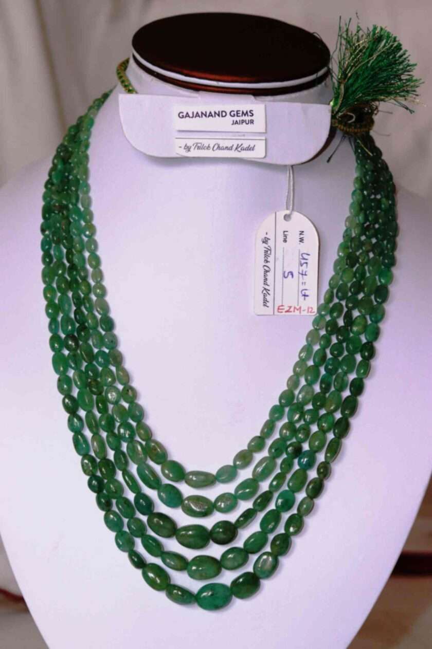 An image of 5 line Emerald Crystal Necklace (Emerald Gemstone Oval Beads) or Panna Maniya Mala